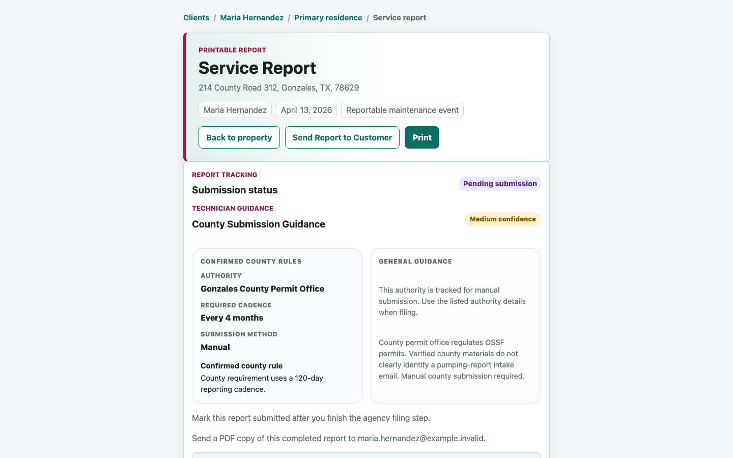 SepticLedger service report showing authority and county submission guidance